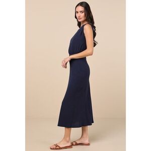 NWT.Lulus Casual Enchantment Navy Linen Off-the-shoulder Midi Dress Blue - M